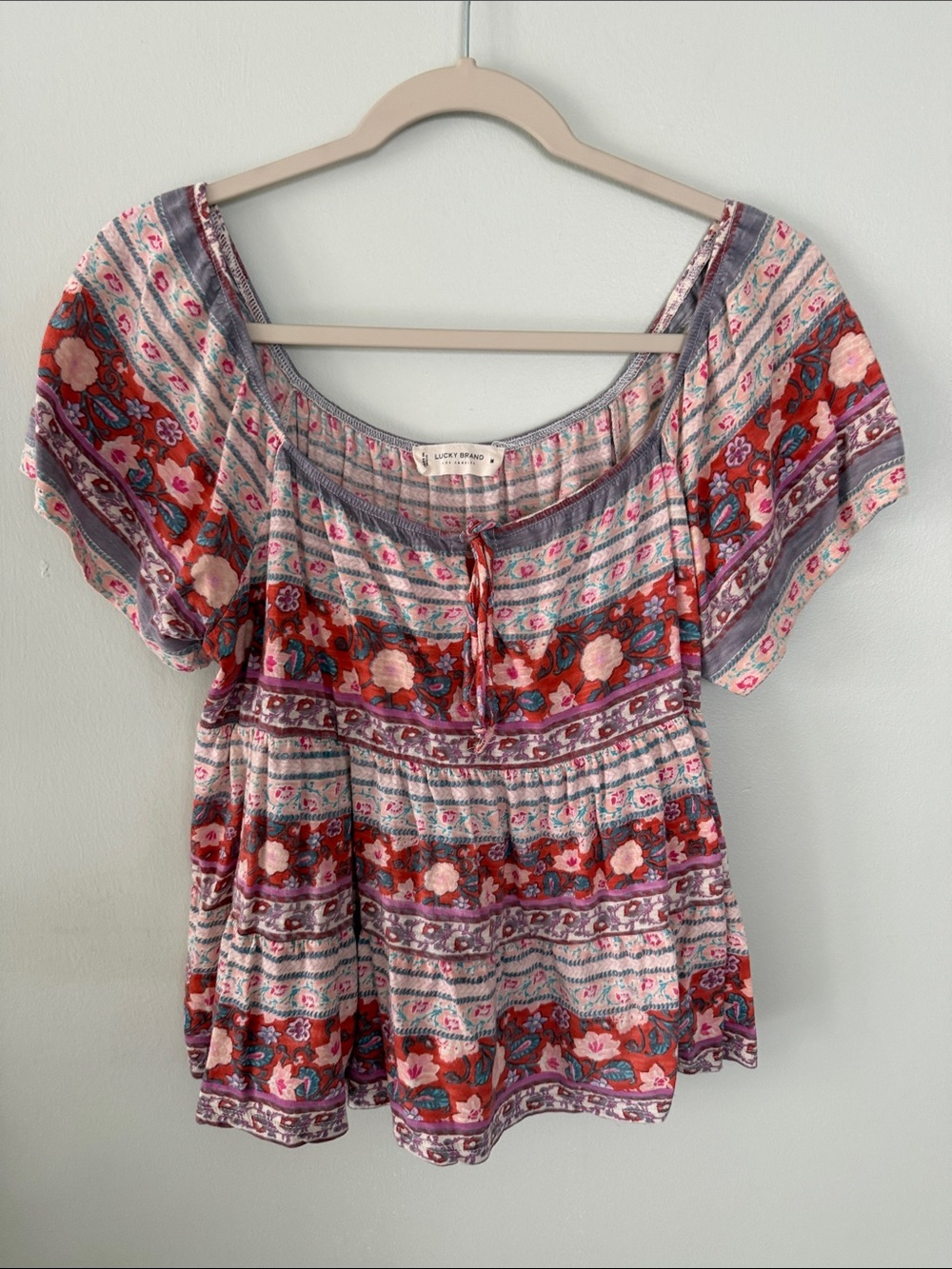 Lucky Brand Multicolor Floral Scoop-Neck Peasant Top